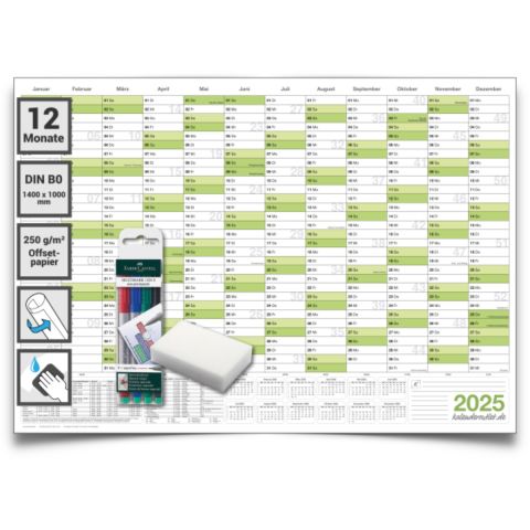 Abwischbarer XXL Wandkalender 2025 grün Jahresplaner Format: 140x100cm – DIN B0 inkl. 4 Marker- GEROLLT – Wandplaner, Jahreskalender, Kalender, Poster Plakat - deutsch