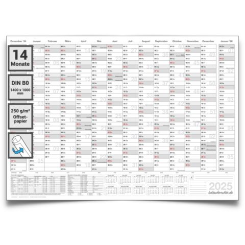 XXL Wandkalender 2025 mit 14 Monaten Übersicht Jahresplaner grau Format: 140x100cm DIN B0 GEROLLT – Wandplaner, Jahreskalender, Poster Plakat - deutsch