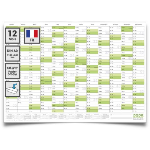 Kalenderoutlet  Din A0, 5 calendriers muraux/annuels verts XL 2025 grand format A0 118,8 x 84,0 cm matériel 135g/m2 impression de qualité plié calendrier annuel, calendrier - français